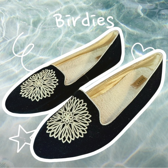 Birdies ‘Goldfinch’ Slippers in Black Velvet with Gold Floral Embroidery Size 11 - Picture 1 of 15